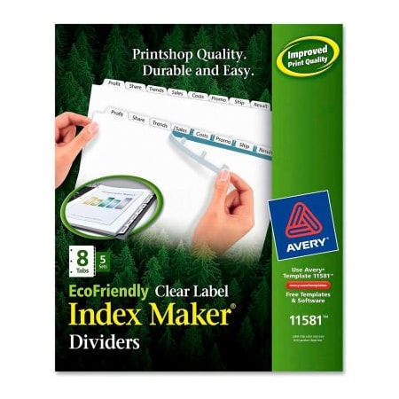 Avery Dennison Avery Eco-friendly Index Divider, Print-on, 8.5"x11", 8 Tabs, 5 Sets, White/White 11581
